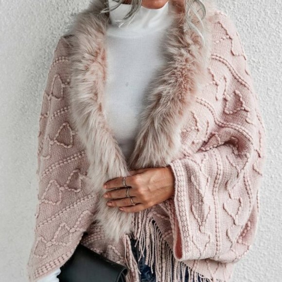 pink vegan fur fringe detail open front cardigan - Picture 3 of 6